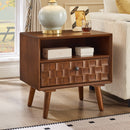 22' Mid-Century Modern Wood Nightstand with Carved Geometric Drawer Front, 1 Drawer and Open Shelf, Solid Wood Legs, Bedside Table for Bedroom