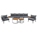 TREXM Modern Outdoor Sectional Sofa Set with Nesting Coffee Tables, Grey Fabric Upholstery and Acacia Wood Frames for Patio, Porch, Garden