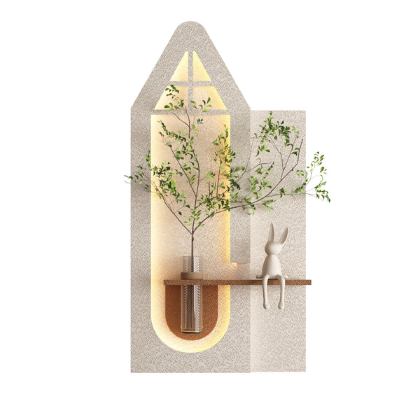 Adjustable 3-Color LED Sandstone Wall Decor with Simulated Green Plants, Glass Vase & Rabbit Statue, Light Coffee PVC, 23.62x47.24 inches