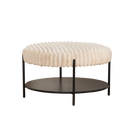 Modern Upholstered Round Ottoman Coffee Table with Storage Shelf and Black Metal Legs, Beige Faux Fur