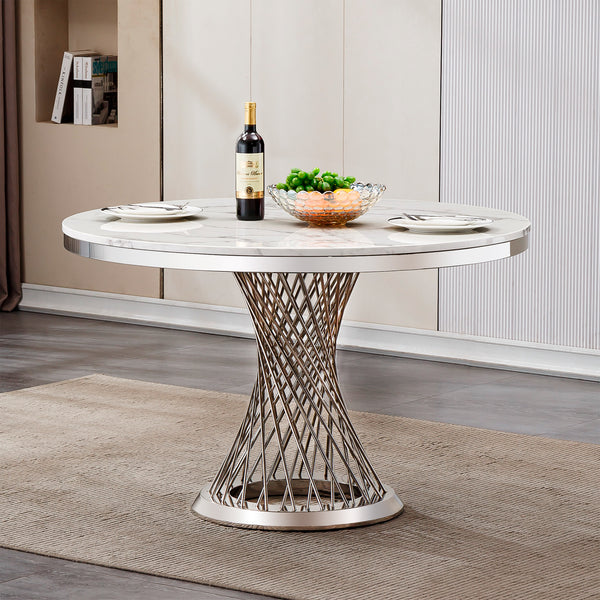 47' Round Marble Dining Table, Modern Kitchen Table with High Gloss Faux Marble Tabletop and Stainless Steel Base for Dining Room, Kitchen (Sliver,White)(Only a table)