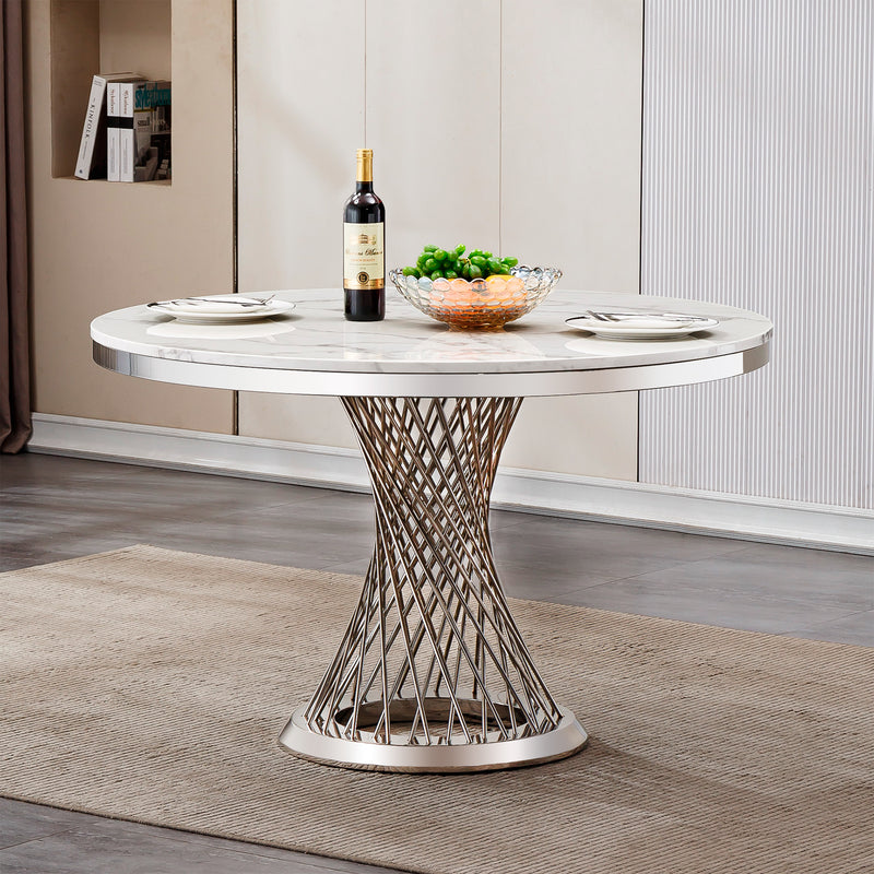 47' Round Marble Dining Table, Modern Kitchen Table with High Gloss Faux Marble Tabletop and Stainless Steel Base for Dining Room, Kitchen (Sliver,White)(Only a table)