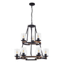 Vintage Wagon Wheel Chandelier, Rustic Farmhouse Black Wood Ceiling Light with Adjustable Height for Dining Room Living Room Entryway Kitchen