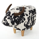Cow-Shaped Ottoman Footstool, Black and White Modern Accent Stool with Velvet Horns, Fabric Body, Birch Legs