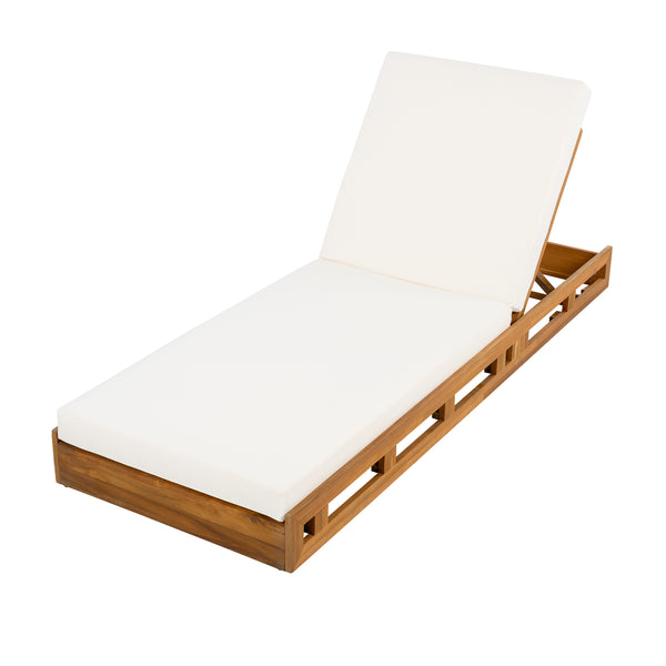 Premium Acacia Wood Lounge Chaise Set with Water-Resistant Cream Cushions, Adjustable Recline, 79 x 28.75 x 34 Inches