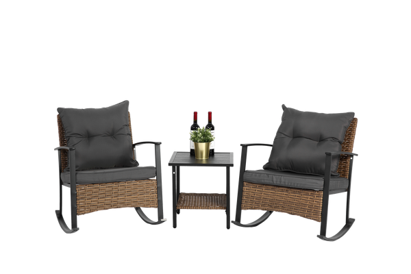 Wicker Rocking Chairs for Outdoors 3 Piece, Patio Rocking Chairs Set of 2, Patio Furniture Set, Small Outdoor Set for Porch, Poolside, Balcony and Yard, Grey