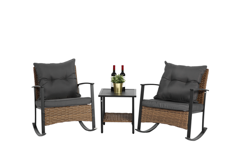 Wicker Rocking Chairs for Outdoors 3 Piece, Patio Rocking Chairs Set of 2, Patio Furniture Set, Small Outdoor Set for Porch, Poolside, Balcony and Yard, Grey