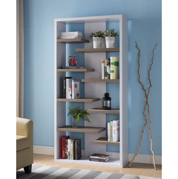 Mid Century Display Cabinet, Open Back Display Cabinet with 8 Shelves- White & Dark Taupe