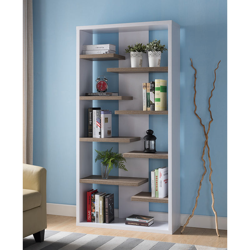 Mid Century Display Cabinet, Open Back Display Cabinet with 8 Shelves- White & Dark Taupe