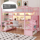 Full Size Loft Bed with Staircase and Wardrobe, Metal Loft Bed with Desk, Storage Shelves, LED Lights and Charge Station, Pink(Expect Arrival Date 2026/5/9  Old SKUW2593S00058)