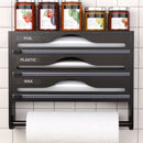 3-Section Bamboo Kitchen Organizer ,Wrap Dispenser With Paper Towel Holder, Cutter, And Storage Rack - Foil, Plastic Wrap, Wax, And Accessories Storage