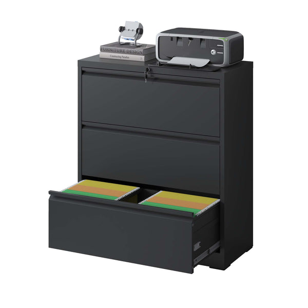 Modern Black 3-Drawer Lateral File Cabinet with Lock, Metal Filing for Legal/Letter/A4/F4