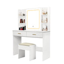 Vanity Desk with Mirror and LED Lights, 3 Lighting Modes and Power Outlet, 2 Spacious Drawers and Stool, White MDF