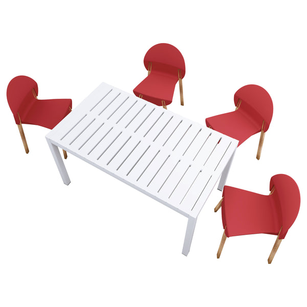 4-Pack Crimson Red Chairs – Red Oak Wood Legs & PP Seat with 55 Inch Indoor/Outdoor Multi-Purpose White Modern Long Table - Lightweight PP Tabletop with Metal Legs