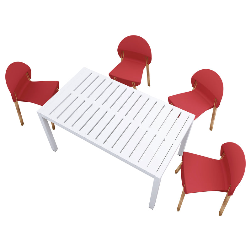 4-Pack Crimson Red Chairs – Red Oak Wood Legs & PP Seat with 55 Inch Indoor/Outdoor Multi-Purpose White Modern Long Table - Lightweight PP Tabletop with Metal Legs