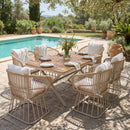 Outdoor 7-Piece Dining Set - Rectangular Teak Wood Table + 6 Wicker Chairs with Cushions, Beige Steel Frame, Teak Finish, Perfect for Patio, Deck, or Garden