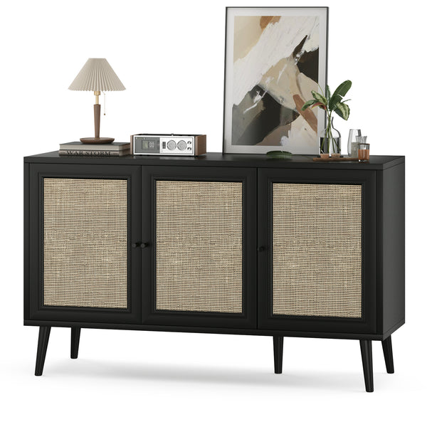 Sideboard Buffet Cabinet with 3 Rattan Doors,Modern Kitchen Storage Console Cabinet for Entryway Living Room (Small,Black)