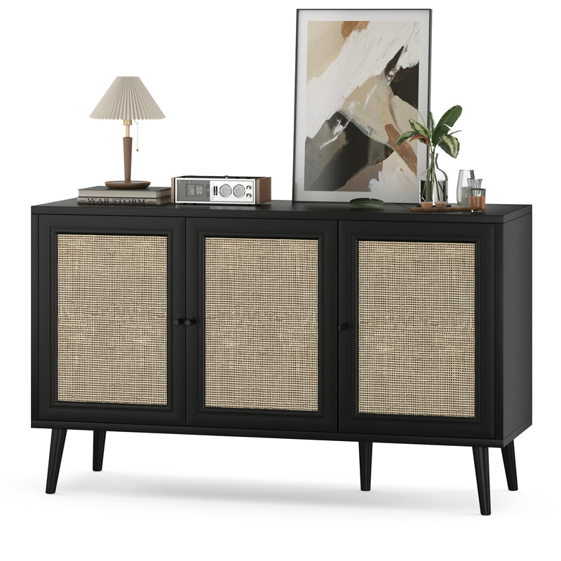 Sideboard Buffet Cabinet with 3 Rattan Doors,Modern Kitchen Storage Console Cabinet for Entryway Living Room (Small,Black)