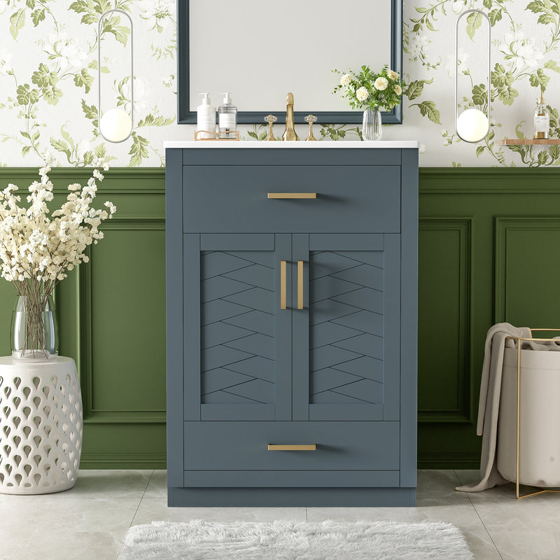 24' Bathroom Vanity with Integrated Ceramic Sink, Bathroom Cabinet with 2 Doors, 1 Tip-out Drawer, Single Sink Bathroom Vanity for Small and Medium Restroom, Blue