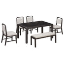 TREXM Vintage Extendable Dining Table Set for 4-6 with 4 Upholstered Chairs and 1 Bench, Rustic Wire Brushed Espresso Kitchen Table Set with Curved Design for Dining Room and Kitchen