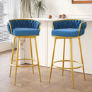 Swivel Counter Height Bar Stools Set of 2, 31.' Bar Height Stools with Hand-Woven Backrest & Gold Metal Legs, Modern Low Back Upholstered Kitchen Chairs with Footrest for Island, Dining Room,Blue