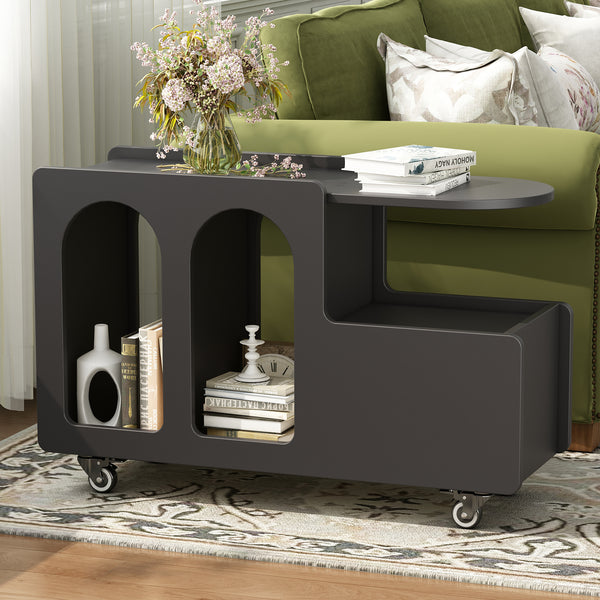 ON-TREND Mobile End Table with lockable wheels, Cream Style Side Table with Storage Drawer, 11.8inch Narrow Nightstand with Multi-layer Storage, Living Room, Black