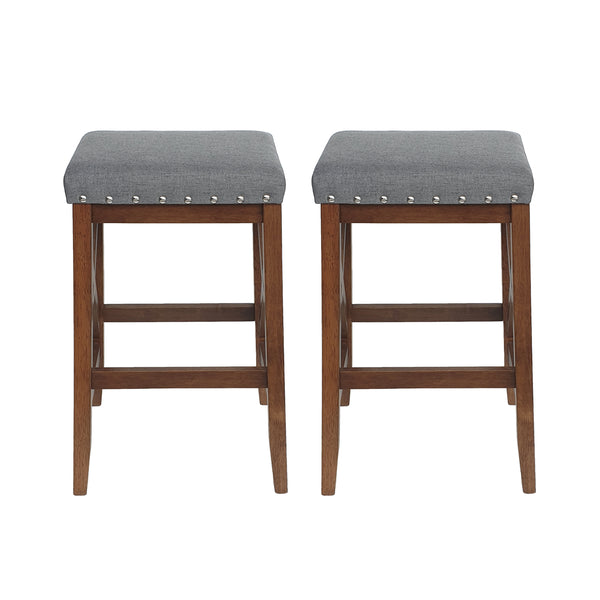 Upholstered Bar Stool with Nailhead Trim and X-Frame Design, Set of 2, Charcoal