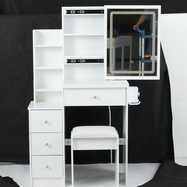 29.2' Small Size Left Bedside Cabinet Vanity Table + Cushioned Stool, 2 AC+2 USB Power Station, Hair dryer bracket, Extra Large Touch Control Sliding LED Mirror, Tri-color Switching, Brightness Adjust