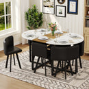 7-Piece Oval Dining Table Set, Fixed White Faux Marble & Wood Grain Triamine Tabletop with 6 Black PU Leather Chairs, Modern Kitchen Table Set for 6 People, Ideal for Small Spaces, Apartment
