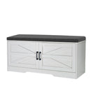 2 Tier Shoe Bench with Padded Seat, 2 Barn Doors and Adjustable Shelves, for Entryway and Living Room, White MDF