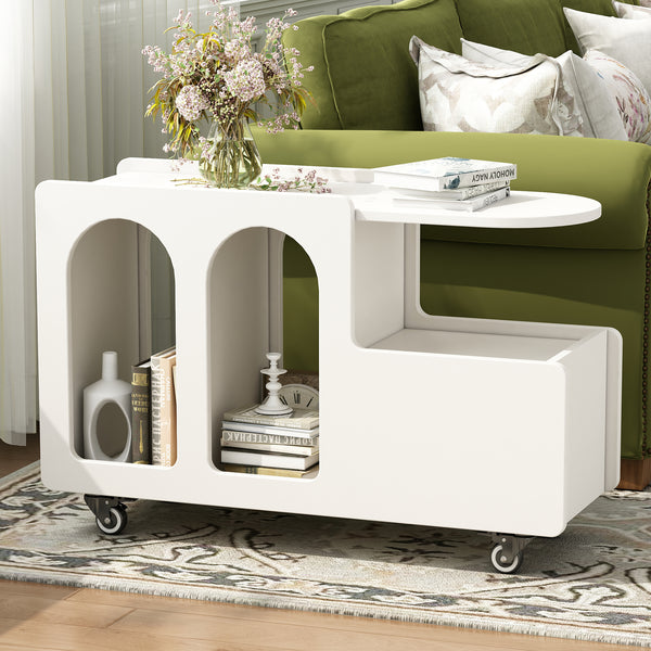 ON-TREND Mobile End Table with lockable wheels, Cream Style Side Table with Storage Drawer, 11.8inch Narrow Nightstand with Multi-layer Storage, Living Room, White