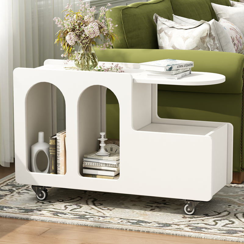 ON-TREND Mobile End Table with lockable wheels, Cream Style Side Table with Storage Drawer, 11.8inch Narrow Nightstand with Multi-layer Storage, Living Room, White