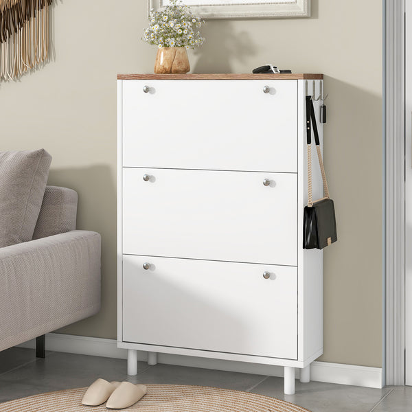 ON-TREND Narrow Design Tipping Bucket Shoe Cabinet with 3 Flip Drawers, Wood Grain Pattern Top Entryway Organizer with 3 Hooks, Free Standing Shoe Rack with Adjustable Panel for Hallway, White