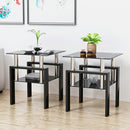 Modern Tempered Glass Tea Table Coffee Table End Table Set in Black with Metal Legs, 17.72 x 17.72 x 20.5 Inches