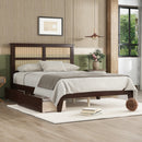 Full Size Bed with Rattan Headboard, Two Storage Drawers, Rubber Wood Bed with Enhanced  Support Slats and Feet,Espresso