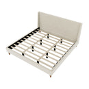 Modern Cream Velvet Upholstered Platform Bed with Wingback Headboard and Walnut Wooden Legs, No Box Spring Needed, King Size