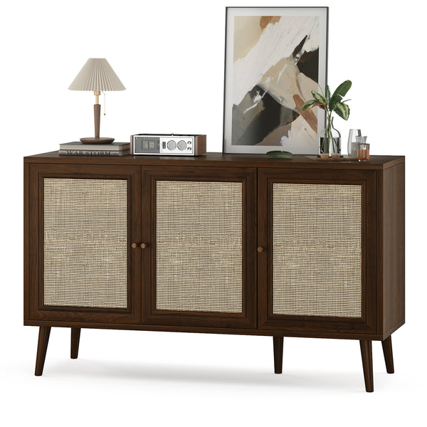Sideboard Buffet Cabinet with 3 Rattan Doors,Modern Kitchen Storage Console Cabinet for Entryway Living Room (Small,Walnut)