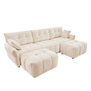 Elegant Textured Chenille 3 Seater Sofa Set with Ottoman and Throw Pillows in Sturdy Solid Wood Frame, White