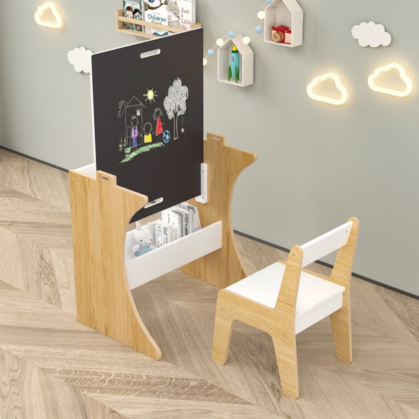 Kids Table Set with One Chair, Multifunctional Wooden Children Study Table-Convertible Tabletop for Study, Drawing & Play, Natural