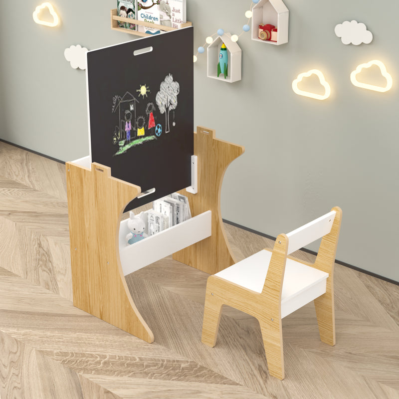 Kids Table Set with One Chair, Multifunctional Wooden Children Study Table-Convertible Tabletop for Study, Drawing & Play, Natural