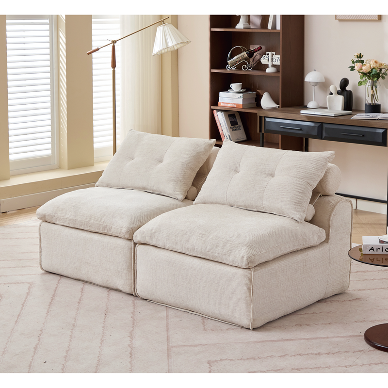 [NEW ARRIVED] [VIDEO PROVIDED]Modular Sofa,No Armrests,At will DIY,Soft Chenille Fabric,Neck Pillow-Back Lounge Sofa Chair,Reading Nook, or Apartment Living, Lumbar Pillow,2 Seats,Upholstered,Beige