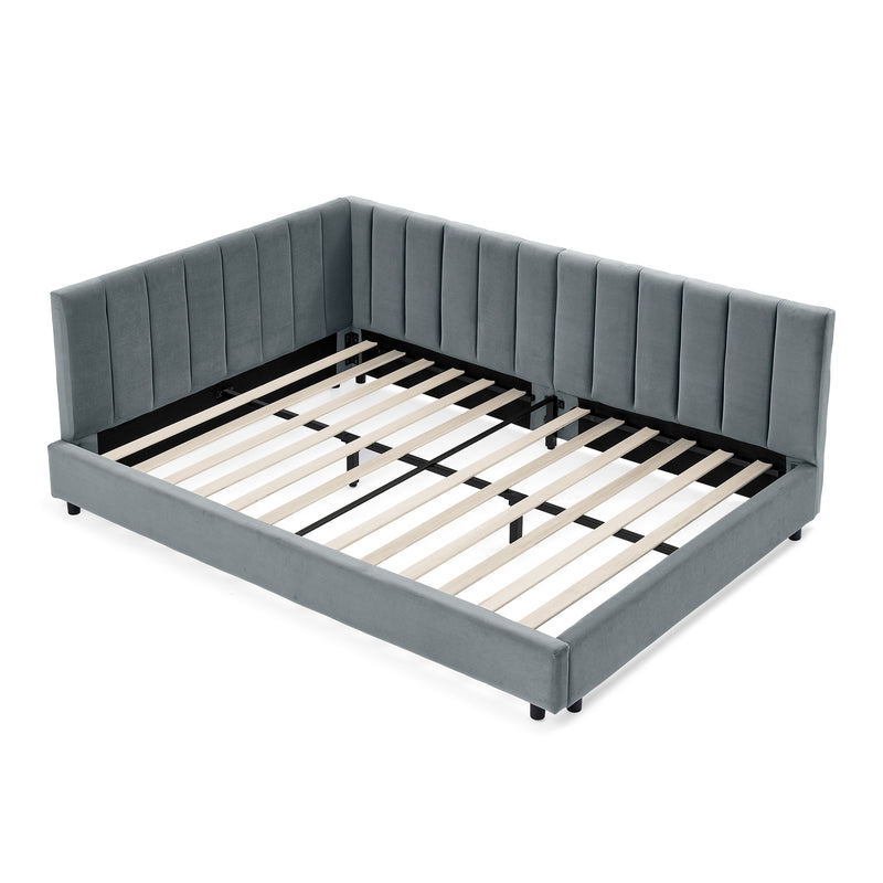 Mid-Century Upholstered Tufted Bed Frame with Backrest and Armrests, Velvet-Gray, Full Size