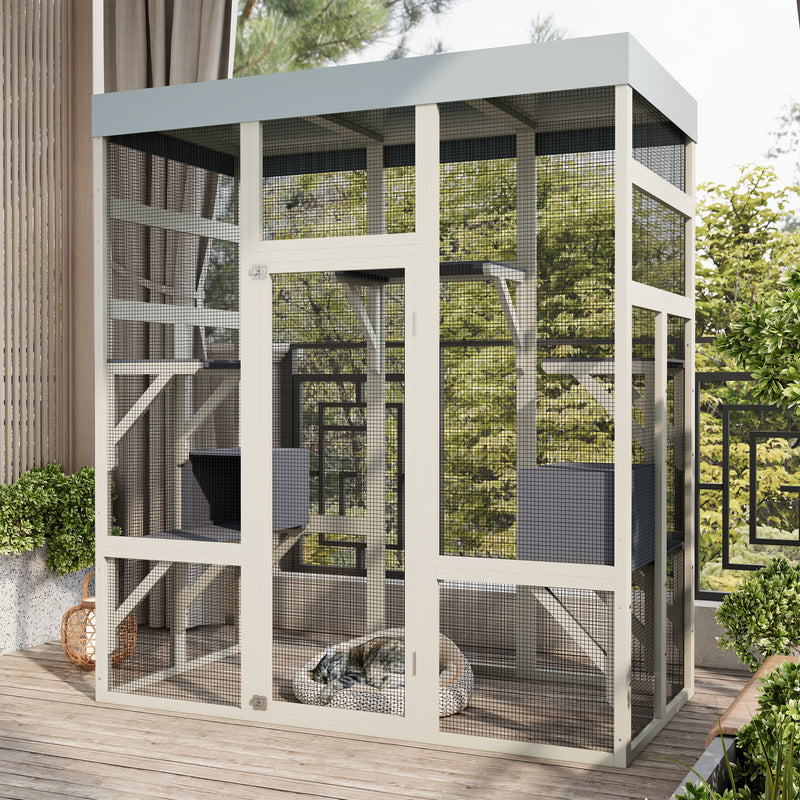 62.6' Gray Wooden Catio Outdoor Pet Enclosure with Waterproof Top, Spacious and Secure Cat House & Small Animal Cage, Black Rust-proof Metal Wire