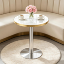 Minimalist Round Bistro Table, 23.6' Faux White Marble Cafe Table with Silver Stainless Steel Base & Edge Banding, High-Gloss Corner Accent Dining Table for Small Spaces Office Salon