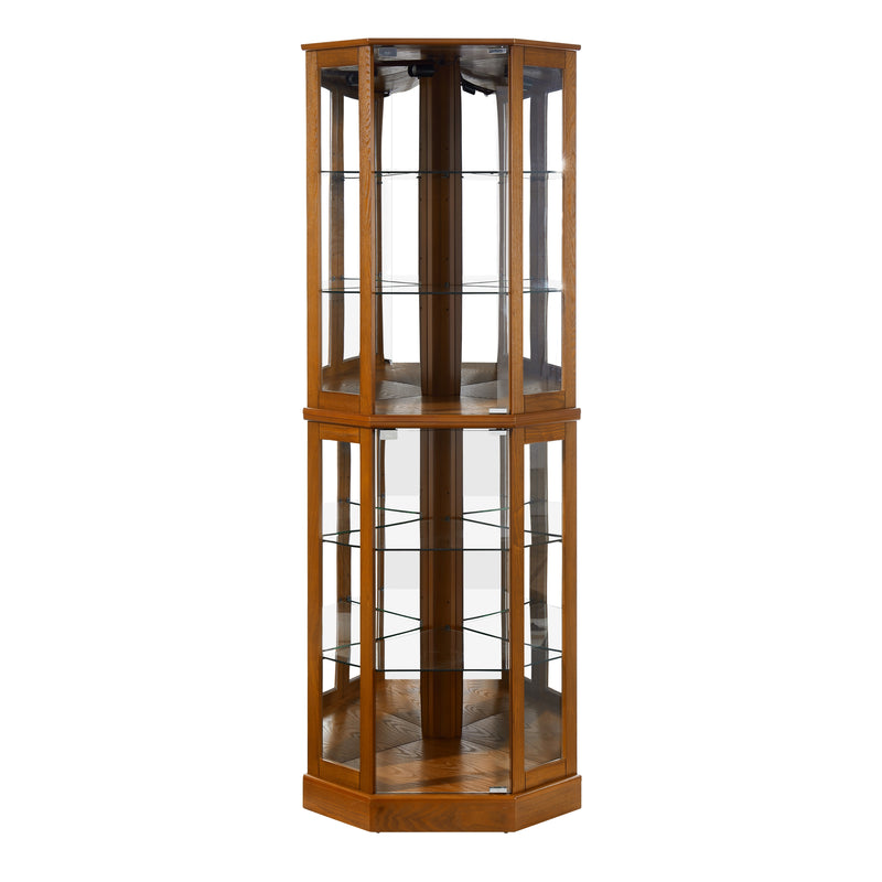 6 Shelf Corner Curio Display Cabinet with Lights, Mirrors and Adjustable Shelves, Oak (E26 light bulb not included)
