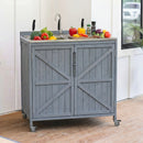 K&K 39.4' Outdoor Kitchen Island with Sink, Outdoor Kitchen Sink Station w/ 304 Stainless Steel Sink, Hose Hook Up & Faucet, Outdoor Kitchen Cabinet w/ Back Splash & 4 Wheels for Pizza Prep,Grey Blue
