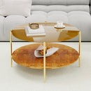 Modern Gold Round Double-Layer Coffee Table + Tempered Glass + Storage & Decoration + 32.28-Inch Diameter + Gold Color