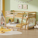 Kids Twin Low Loft Bed - Convertible to Bunk Bed, Solid Wood Modern Bed Frame with LED Strip Lighting, OAK.