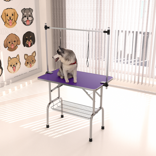 42' Folding Dog Pet Grooming Table Stainless Steel Frame Rubber Mat on Board with Adjustable Arm and Clamps pet dog Cat Grooming Table (PURPLE COLOR)