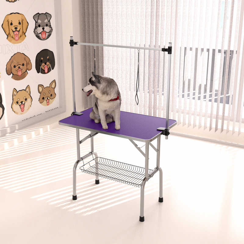 42' Folding Dog Pet Grooming Table Stainless Steel Frame Rubber Mat on Board with Adjustable Arm and Clamps pet dog Cat Grooming Table (PURPLE COLOR)
